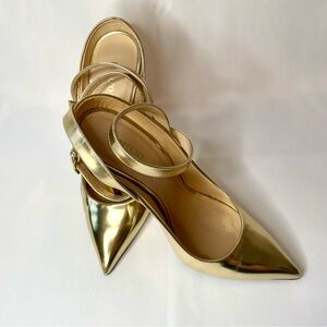 Emilio Pucci Metallic Gold Pointed Heels with Ankle Wrap – Size 37